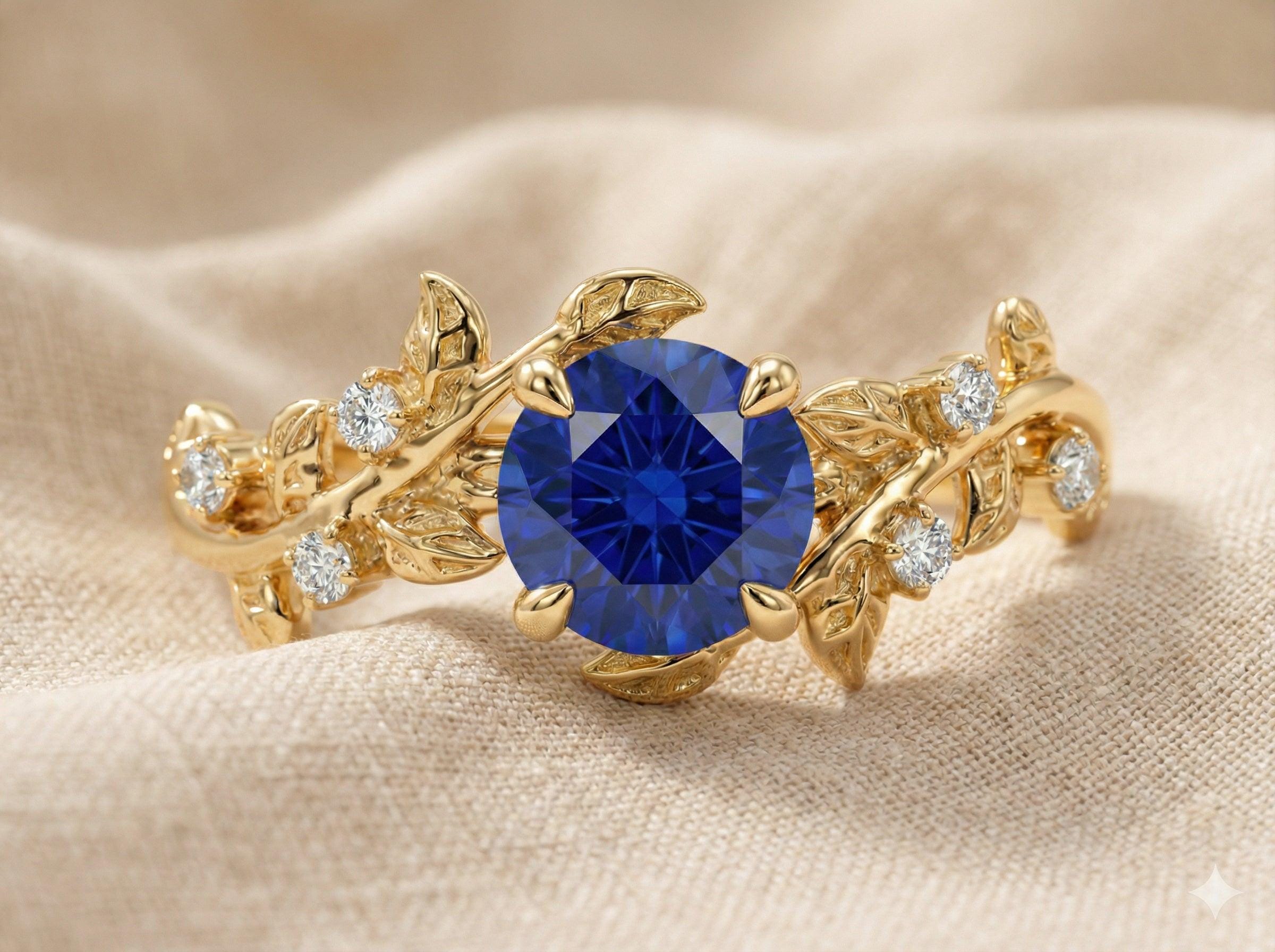 14K Gold Sapphire Engagement Ring, Vintage Art Deco Leaf Cluster Ring, September Birthstone Botanical Anniversary Gift for Her