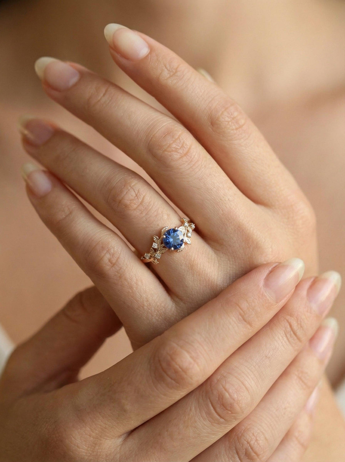14K Gold Sapphire Engagement Ring, Vintage Art Deco Leaf Cluster Ring, September Birthstone Botanical Anniversary Gift for Her