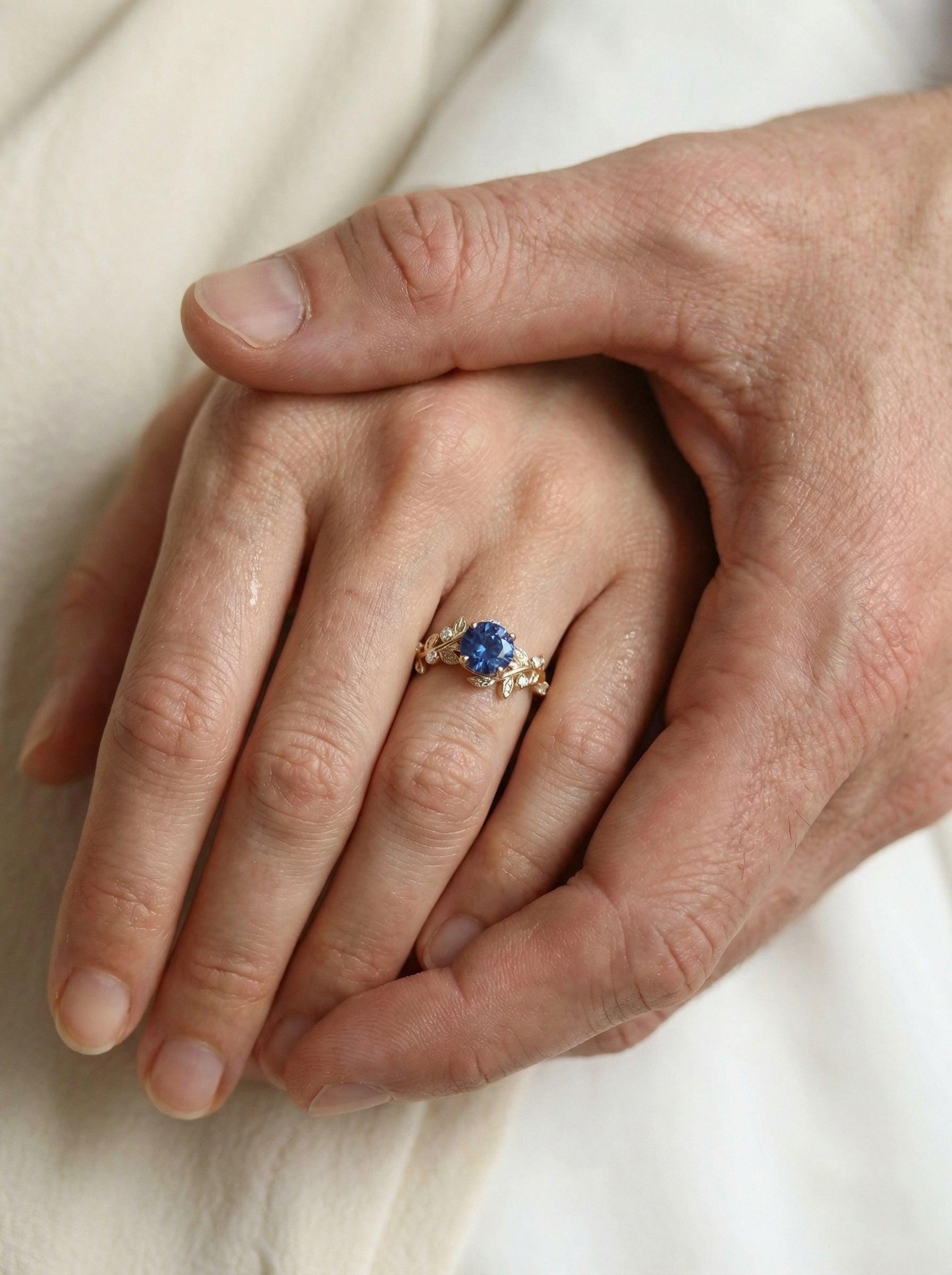 14K Gold Sapphire Engagement Ring, Vintage Art Deco Leaf Cluster Ring, September Birthstone Botanical Anniversary Gift for Her