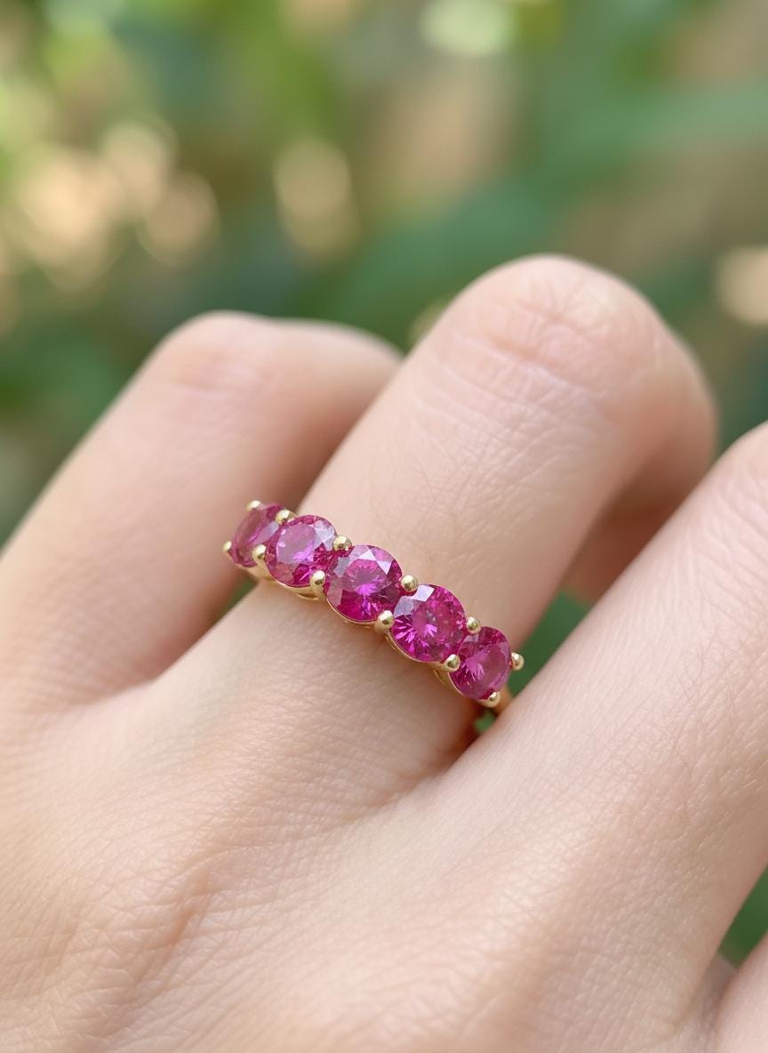 3.50 CTW Pink Sapphire Wedding Band 5mm Round Cut 7 Stone Anniversary Ring Gemstone Eternity Band September Birthstone
