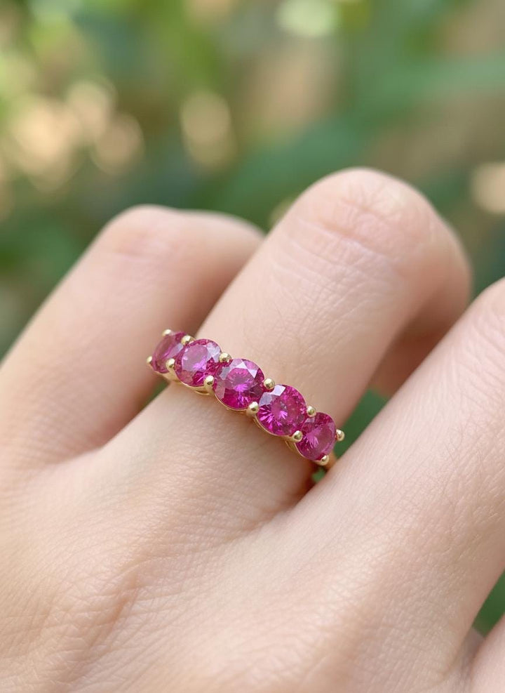 3.50 CTW Pink Sapphire Wedding Band 5mm Round Cut 7 Stone Anniversary Ring Gemstone Eternity Band September Birthstone