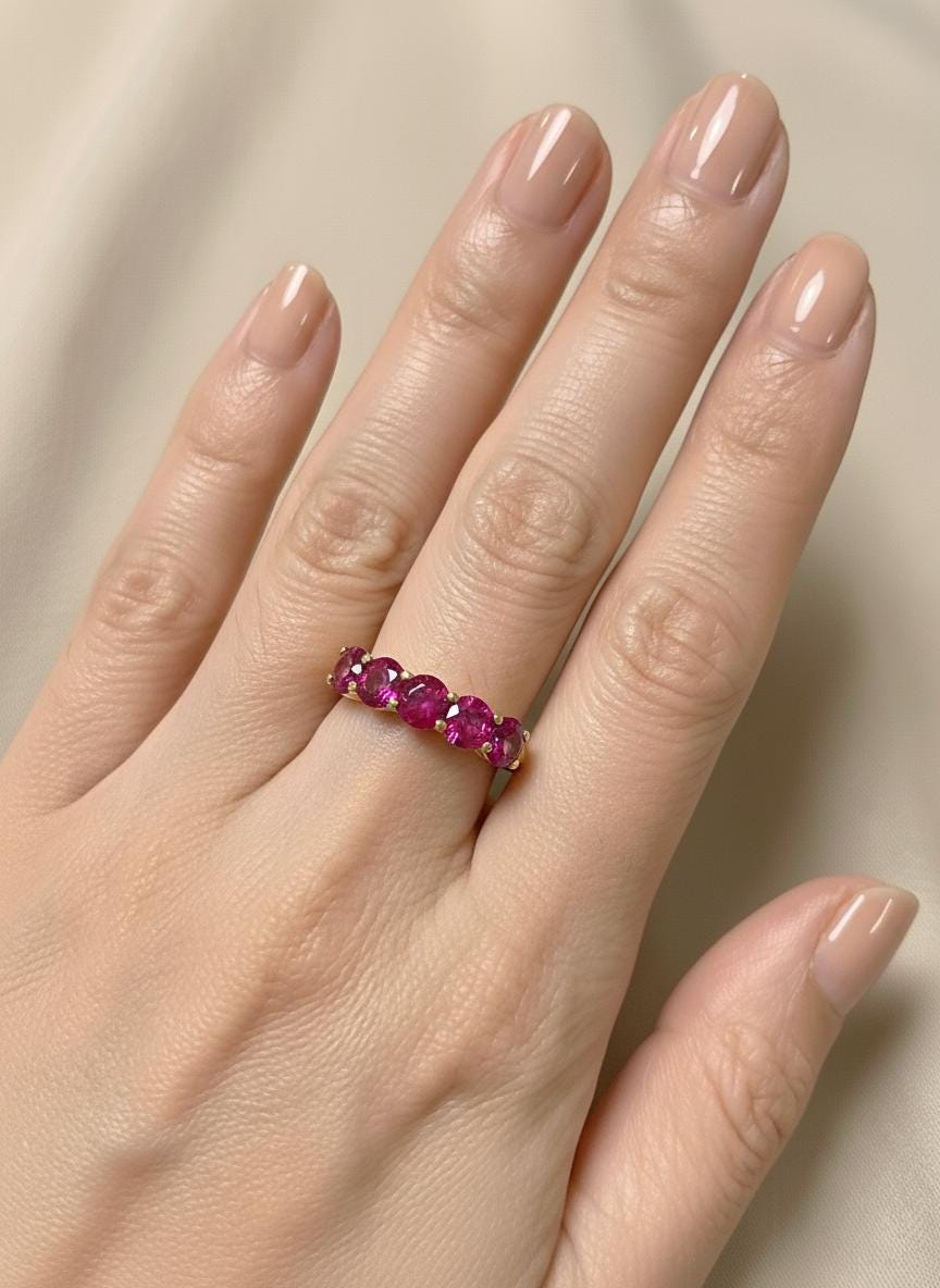 3.50 CTW Pink Sapphire Wedding Band 5mm Round Cut 7 Stone Anniversary Ring Gemstone Eternity Band September Birthstone