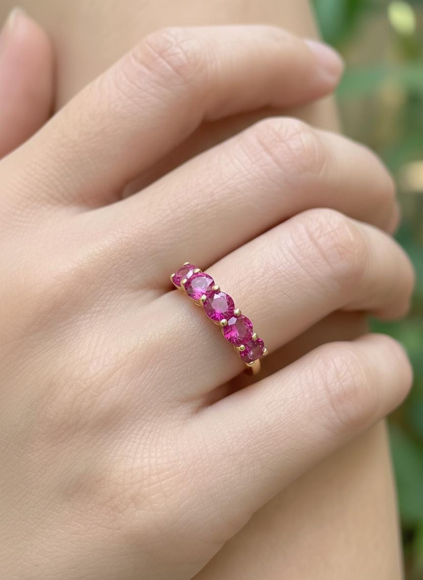 3.50 CTW Pink Sapphire Wedding Band 5mm Round Cut 7 Stone Anniversary Ring Gemstone Eternity Band September Birthstone