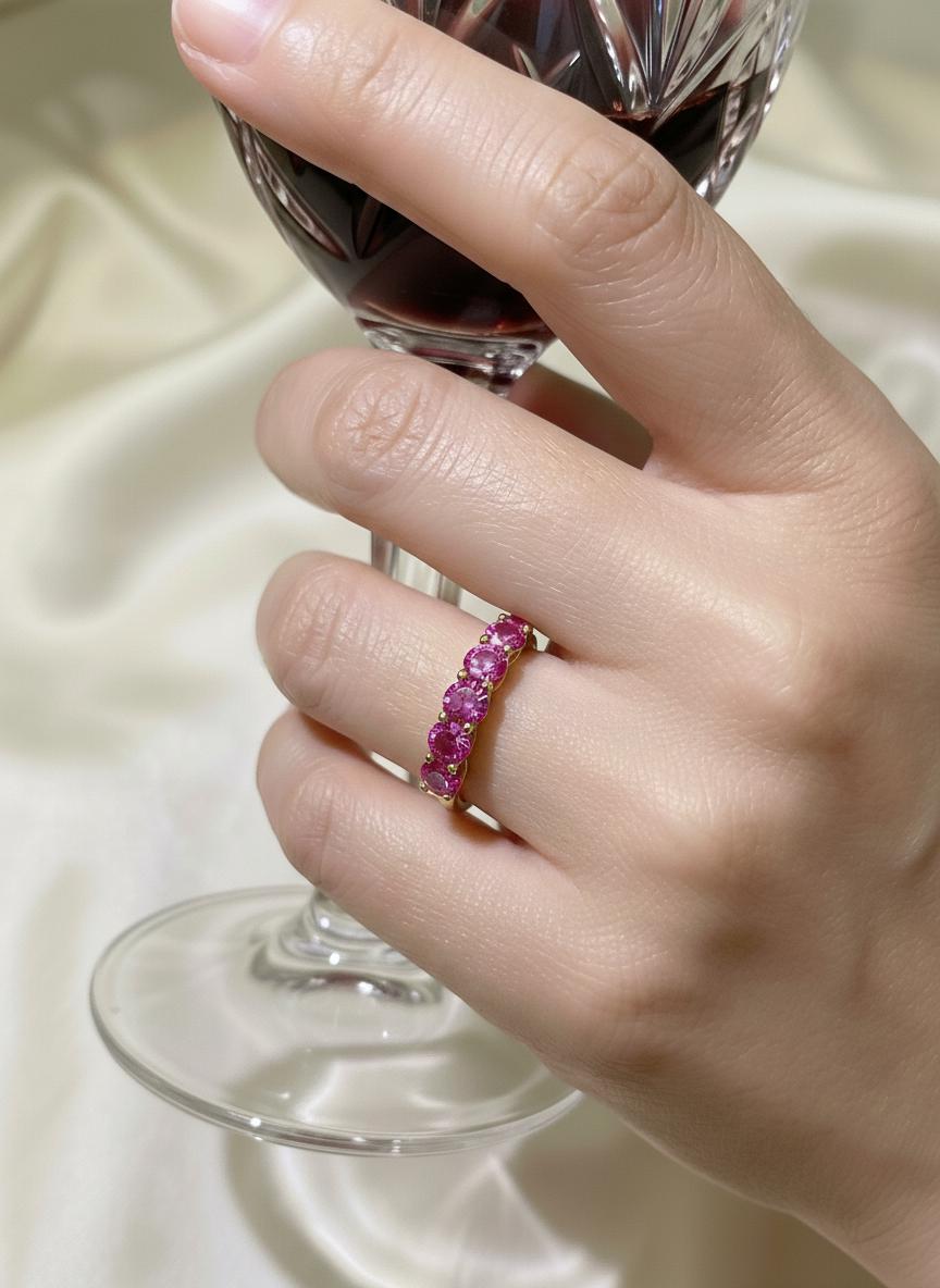 3.50 CTW Pink Sapphire Wedding Band 5mm Round Cut 7 Stone Anniversary Ring Gemstone Eternity Band September Birthstone