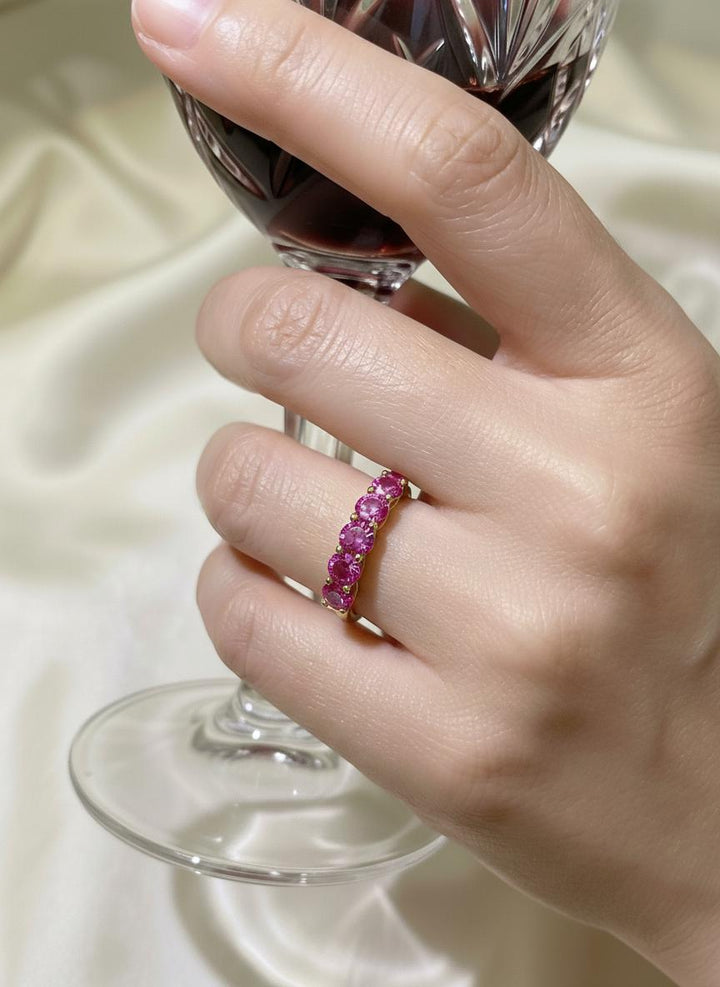 3.50 CTW Pink Sapphire Wedding Band 5mm Round Cut 7 Stone Anniversary Ring Gemstone Eternity Band September Birthstone