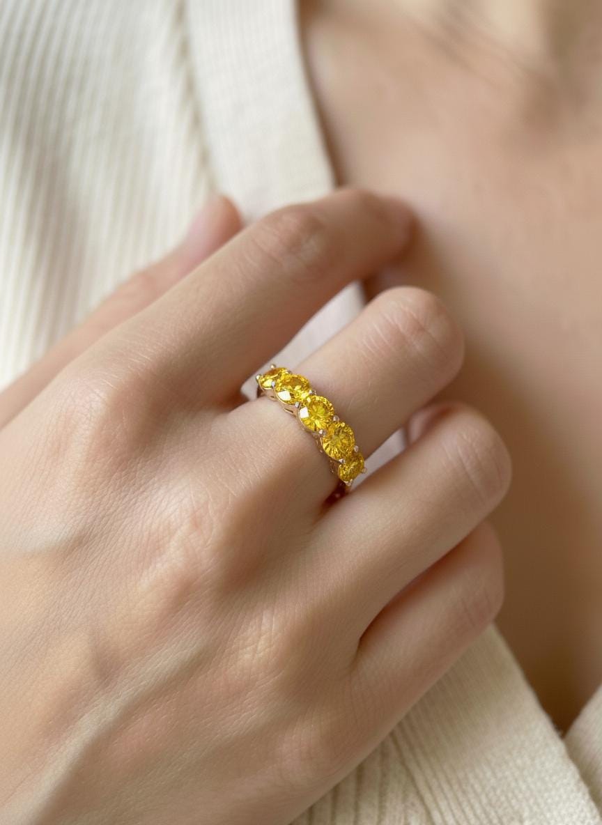 Yellow Sapphire Wedding Band 3.50ctw 7 Stone Anniversary Ring Yellow Gemstone Eternity Band September Birthstone