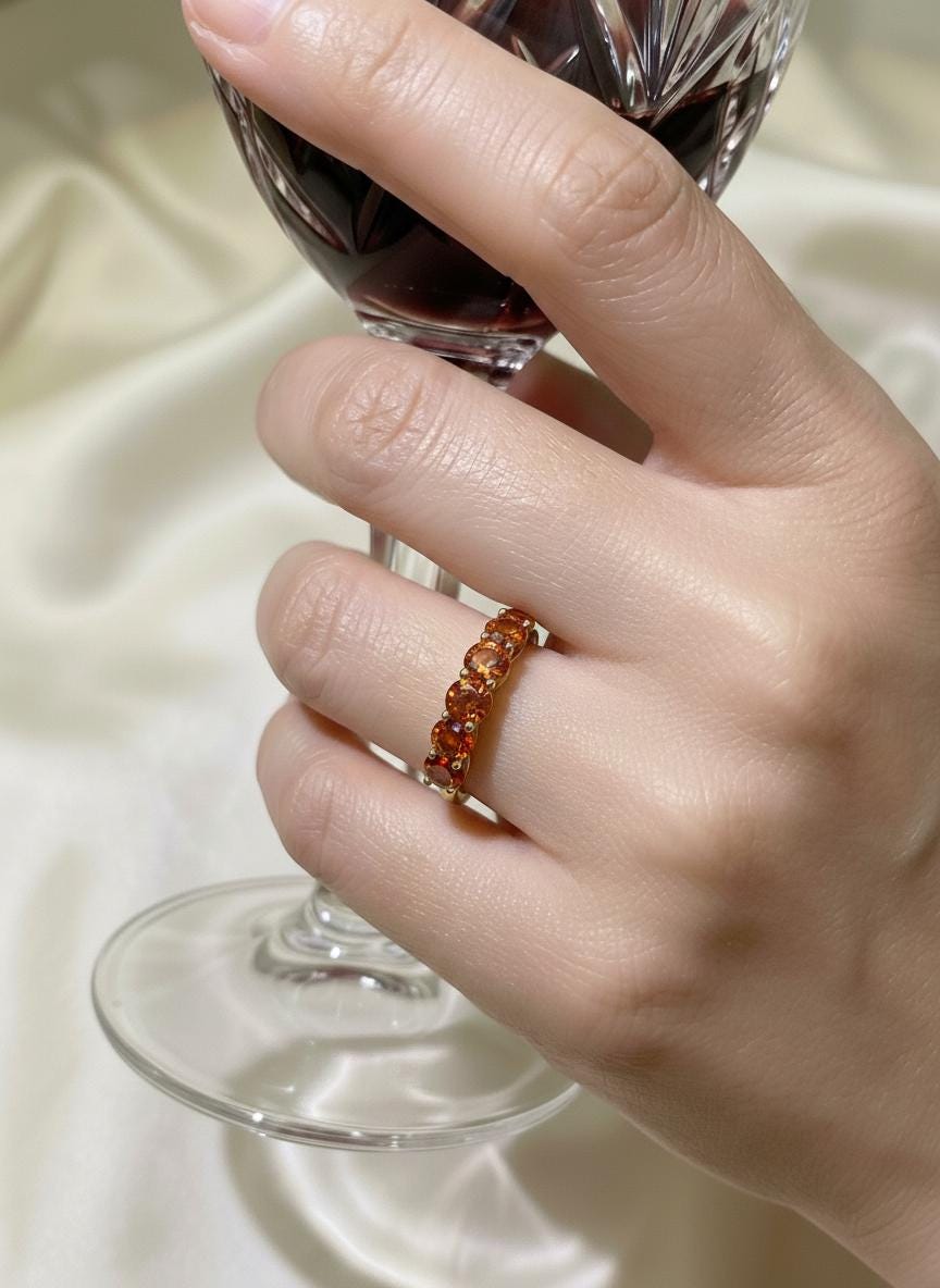 Orange Sapphire Wedding Band 3.50ctw 5mm Round Cut 7 Stone Anniversary Ring  Orange Gemstone Eternity Band September Birthstone