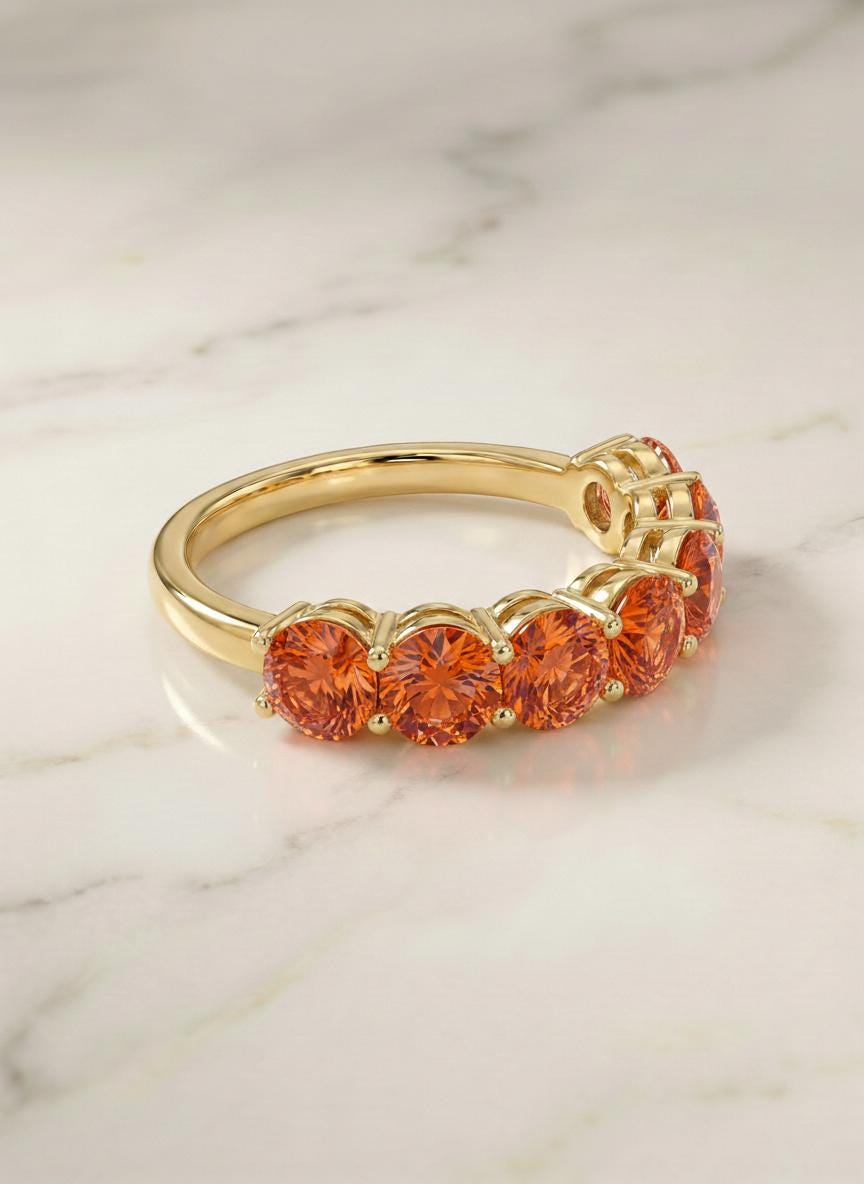 Orange Sapphire Wedding Band 3.50ctw 5mm Round Cut 7 Stone Anniversary Ring  Orange Gemstone Eternity Band September Birthstone
