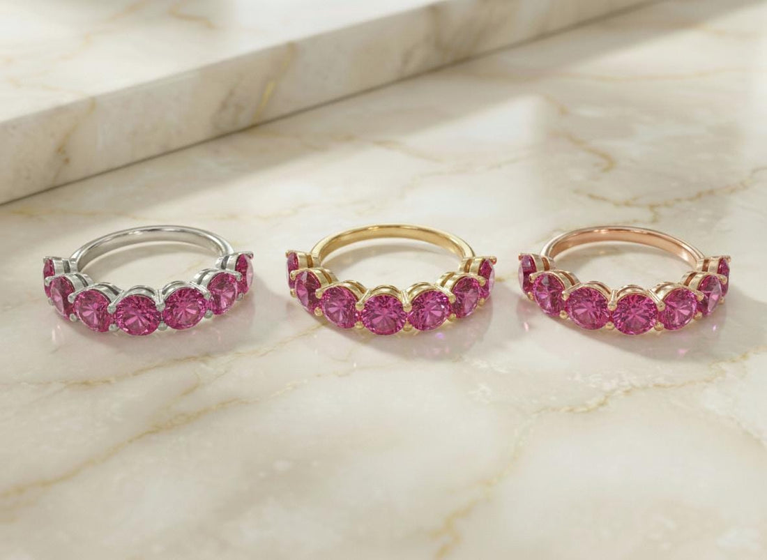 Pink Tourmaline Wedding Band 3.50ctw  Round Cut 7 Stone Anniversary Ring  Pink Gemstone Eternity Band October Birthstone