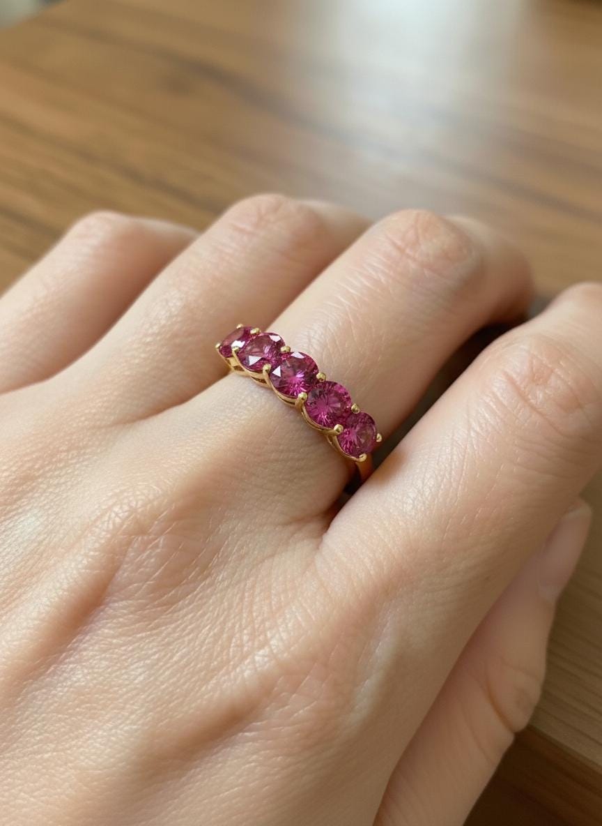 Pink Tourmaline Wedding Band 3.50ctw  Round Cut 7 Stone Anniversary Ring  Pink Gemstone Eternity Band October Birthstone