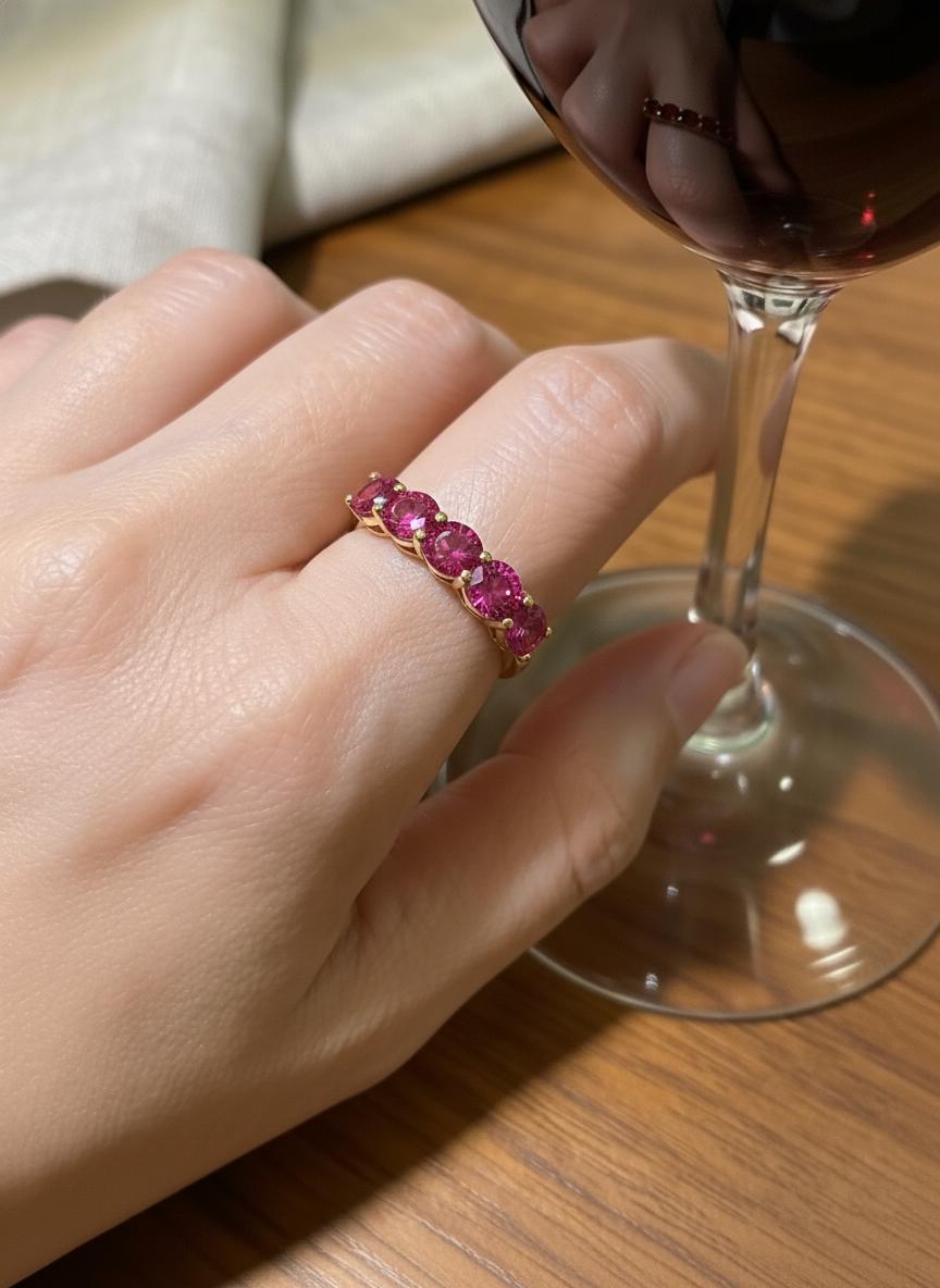 Pink Tourmaline Wedding Band 3.50ctw  Round Cut 7 Stone Anniversary Ring  Pink Gemstone Eternity Band October Birthstone