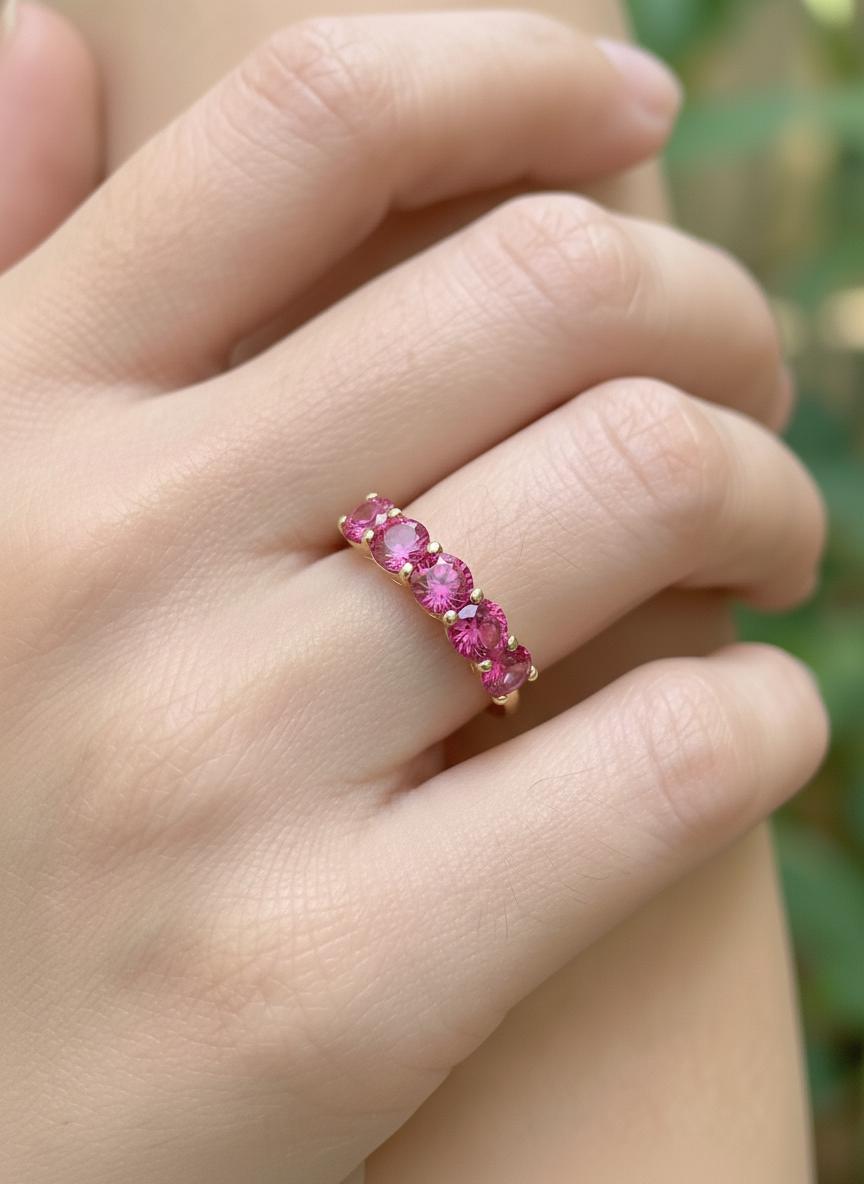 Pink Tourmaline Wedding Band 3.50ctw  Round Cut 7 Stone Anniversary Ring  Pink Gemstone Eternity Band October Birthstone