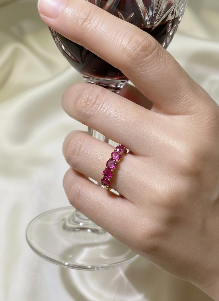Pink Tourmaline Wedding Band 3.50ctw  Round Cut 7 Stone Anniversary Ring  Pink Gemstone Eternity Band October Birthstone