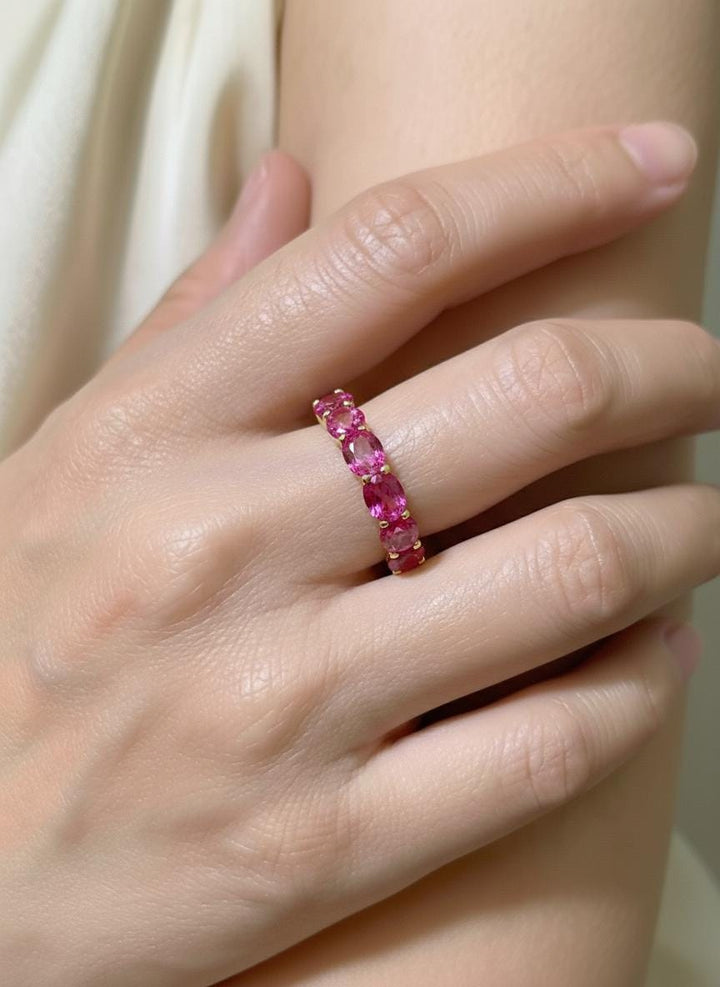 Pink Tourmaline Wedding Band 3.50ctw  Round Cut 7 Stone Anniversary Ring  Pink Gemstone Eternity Band October Birthstone