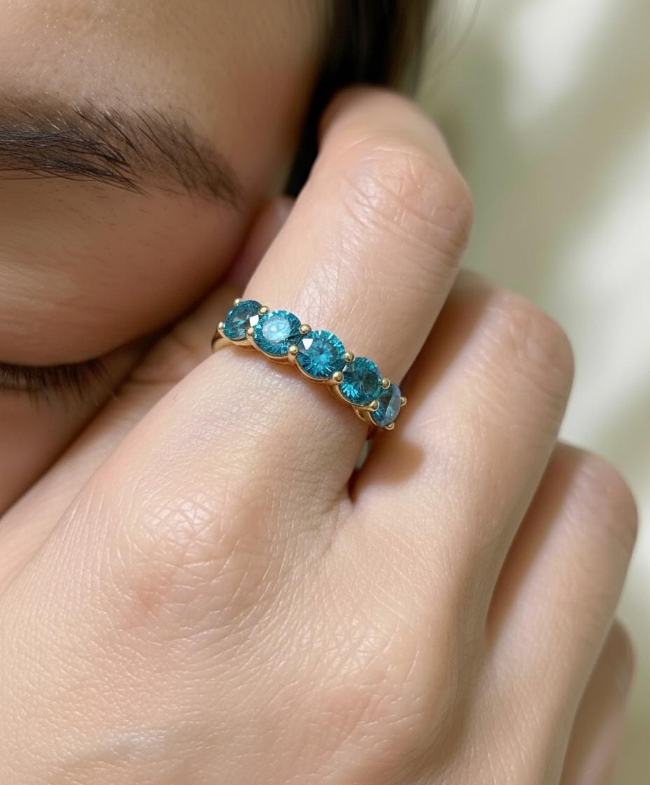 Blue Zircon Wedding Band 3.50ctw 5mm Round Cut 7 Stone Anniversary  Blue Gemstone Eternity Band December Birthstone