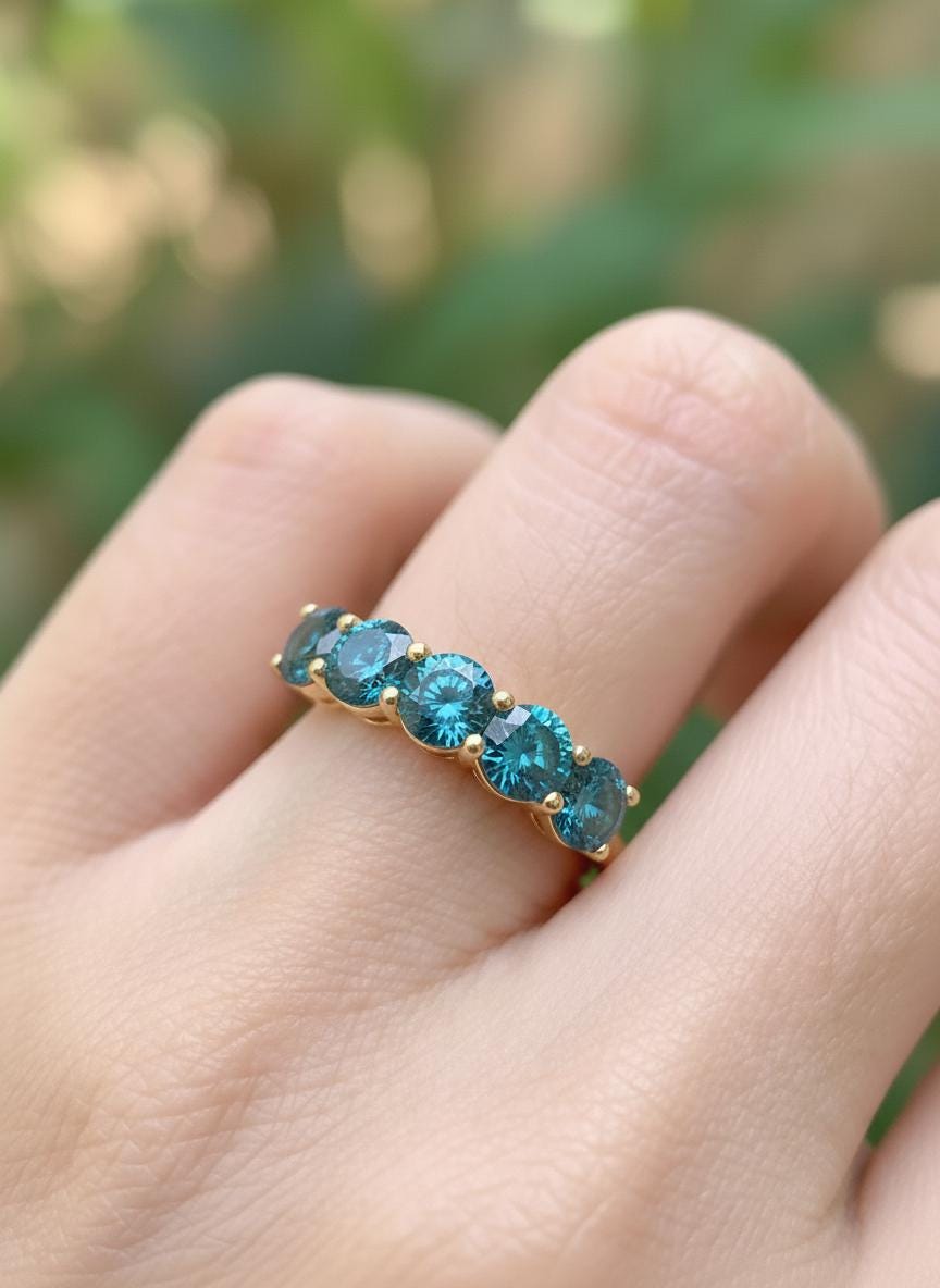 Blue Zircon Wedding Band 3.50ctw 5mm Round Cut 7 Stone Anniversary  Blue Gemstone Eternity Band December Birthstone