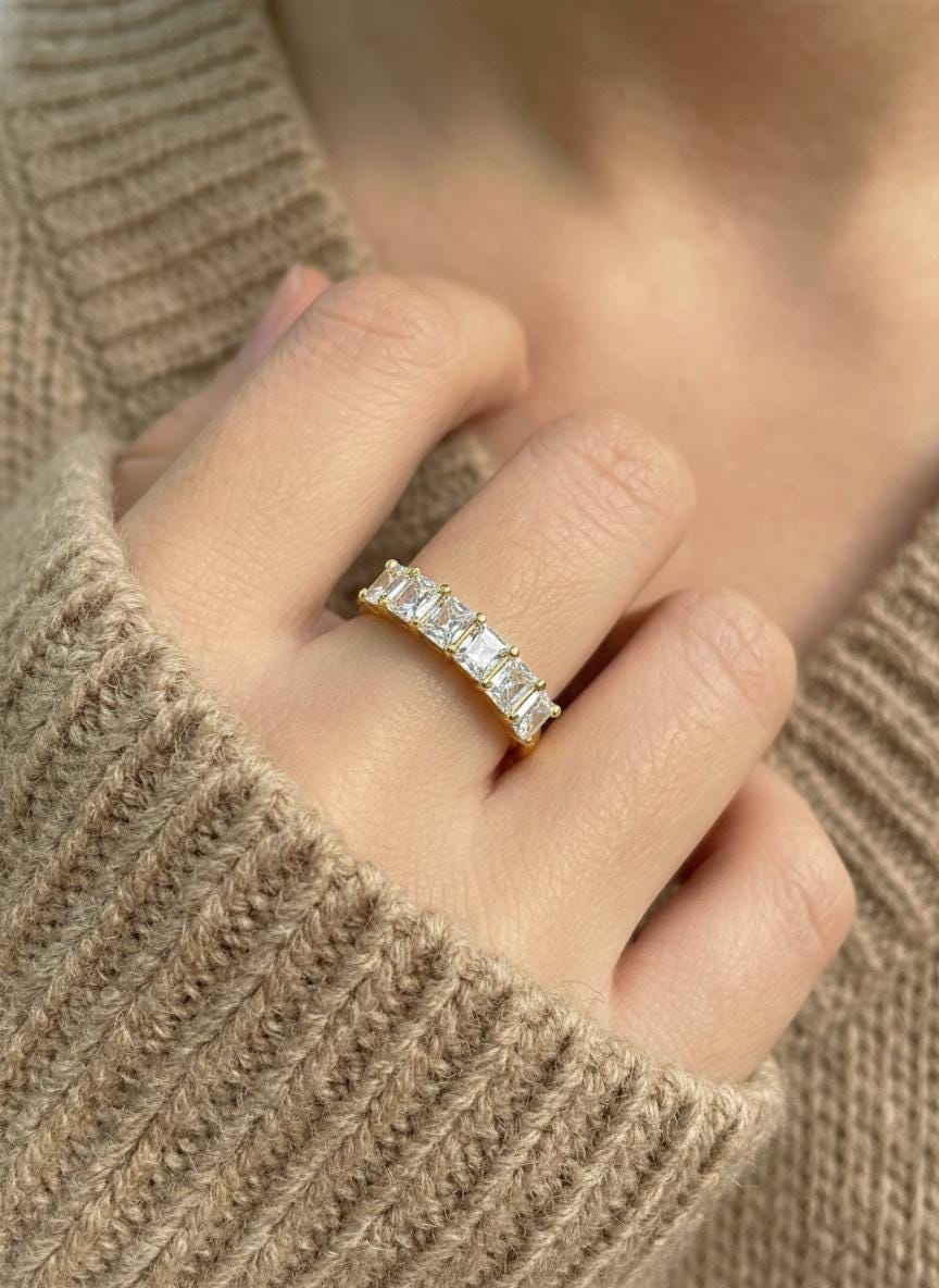 Anniversary Gift Princess Cut Moissanite Wedding Band, 1.05 CTW 7 Stone Ring, 3mm Square Stone Half Eternity Ring