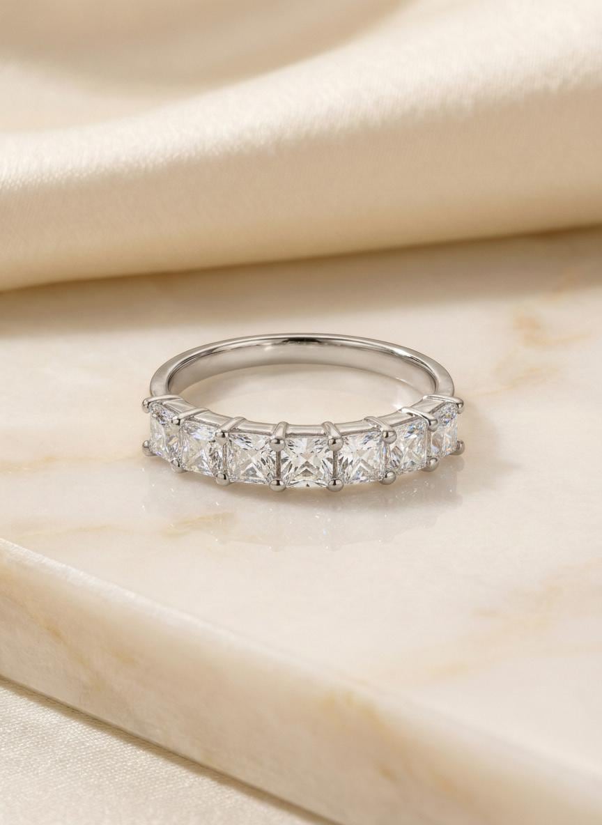 Anniversary Gift Princess Cut Moissanite Wedding Band, 1.05 CTW 7 Stone Ring, 3mm Square Stone Half Eternity Ring