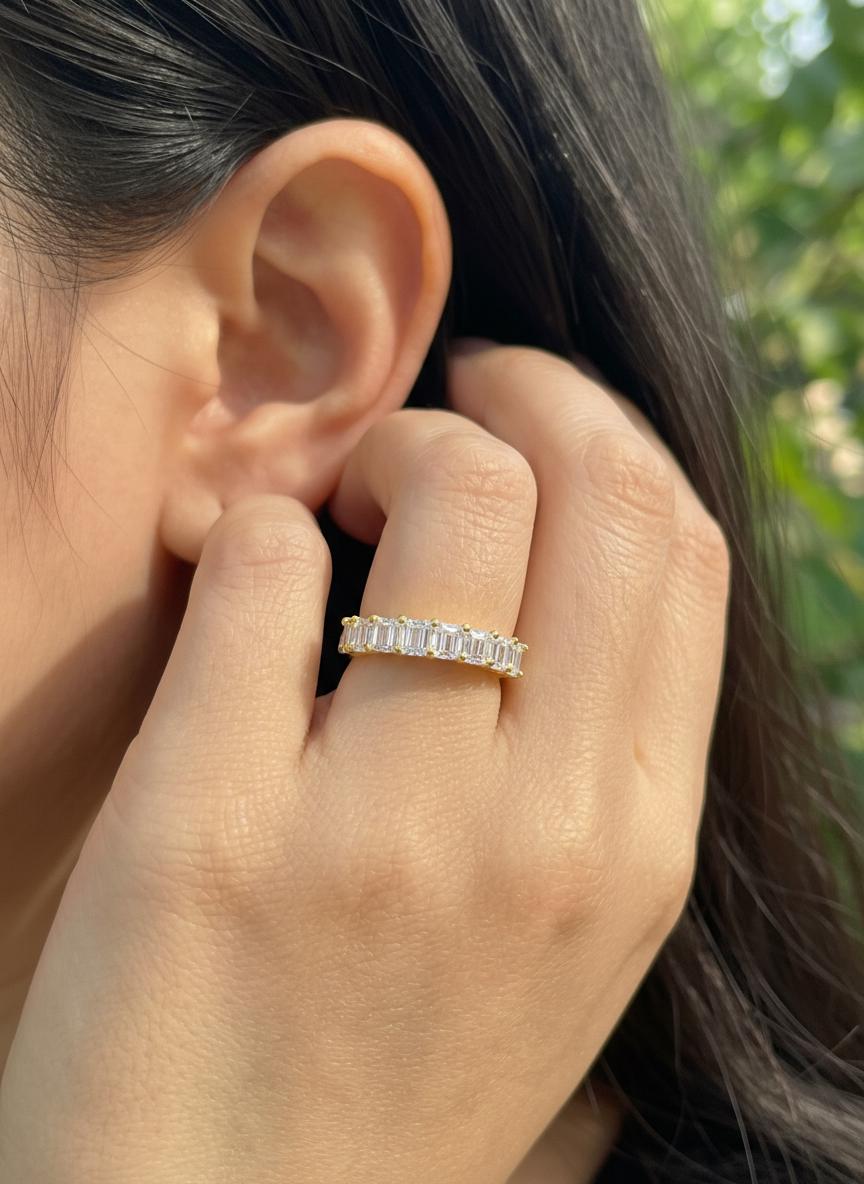 Princess Cut Simulated Diamond Wedding Band, 7 Stone Half Eternity Ring, Stackable Anniversary Ring, Custom Metal Color Gift for Her