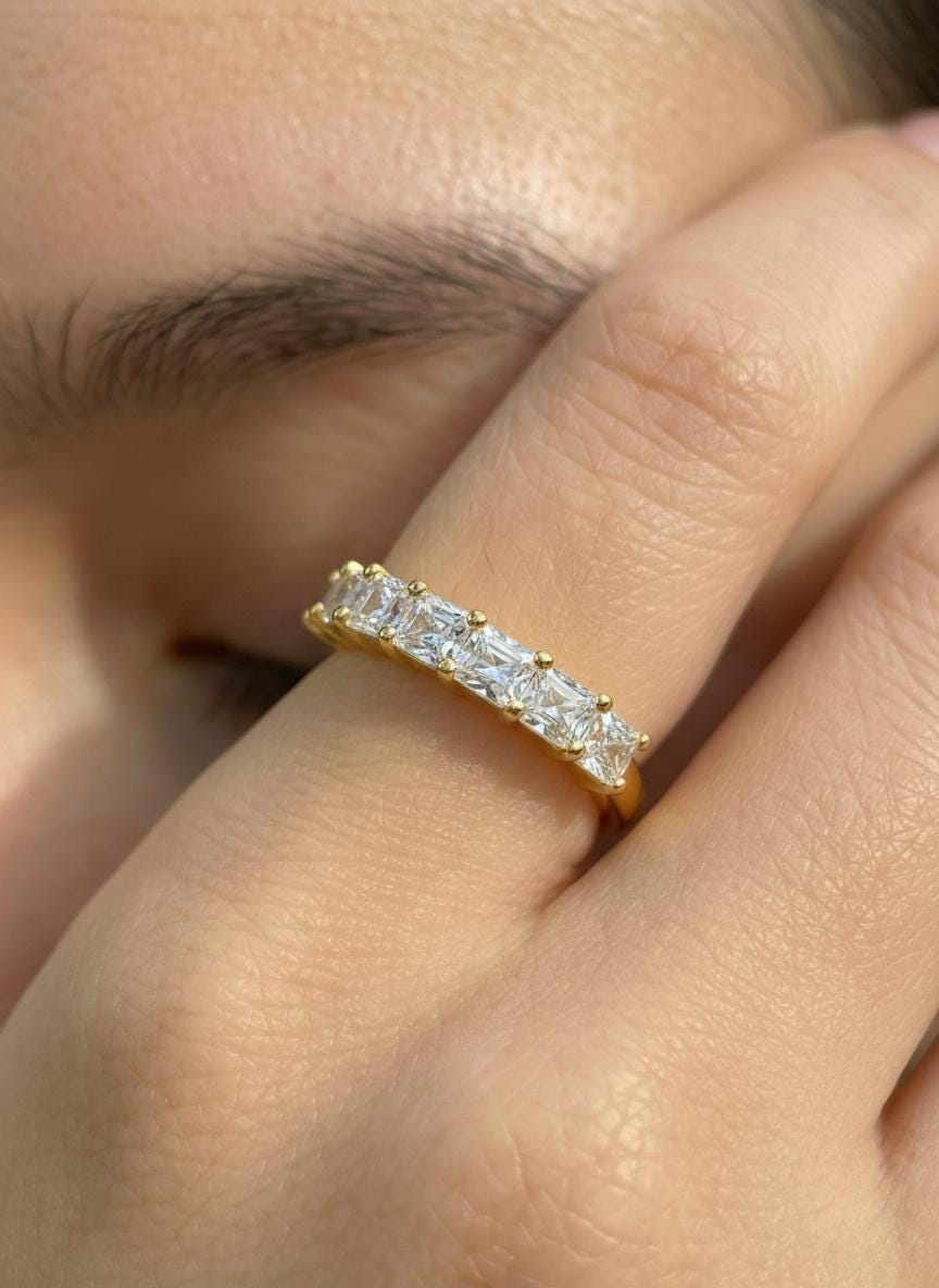 Princess Cut Simulated Diamond Wedding Band, 7 Stone Half Eternity Ring, Stackable Anniversary Ring, Custom Metal Color Gift for Her