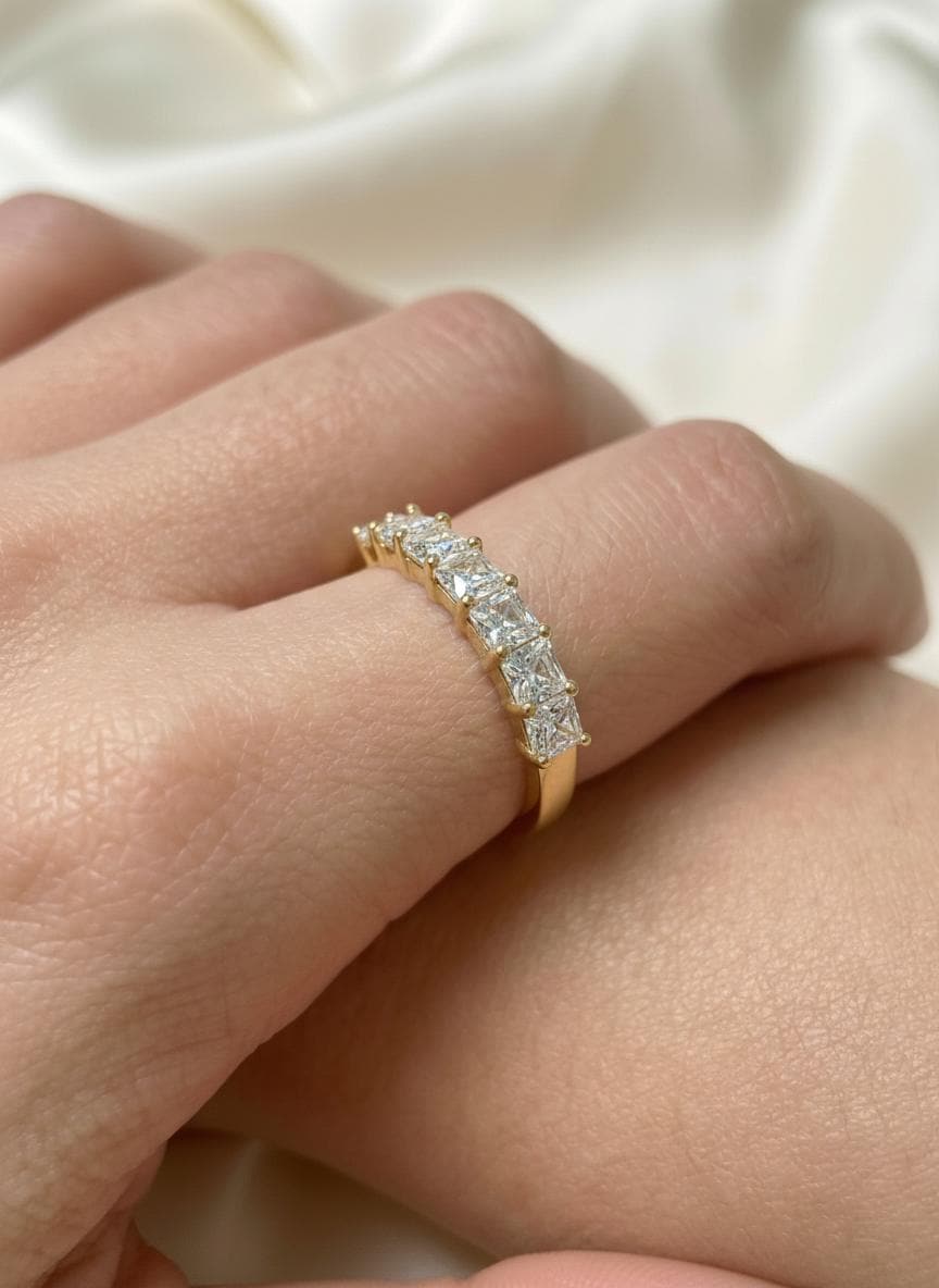 Princess Cut Simulated Diamond Wedding Band, 7 Stone Half Eternity Ring, Stackable Anniversary Ring, Custom Metal Color Gift for Her