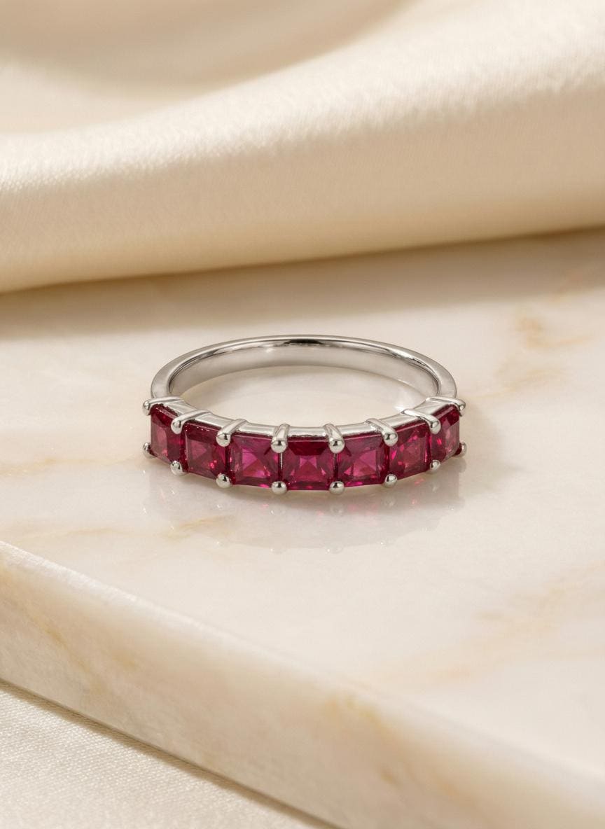Princess Cut Ruby Wedding Band, 7 Stone Half Eternity Ring, July Birthstone Red Gemstone Stacking Anniversary Ring for Her