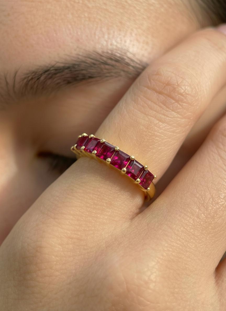 Princess Cut Ruby Wedding Band, 7 Stone Half Eternity Ring, July Birthstone Red Gemstone Stacking Anniversary Ring for Her