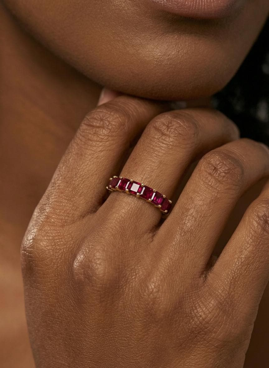 Princess Cut Ruby Wedding Band, 7 Stone Half Eternity Ring, July Birthstone Red Gemstone Stacking Anniversary Ring for Her