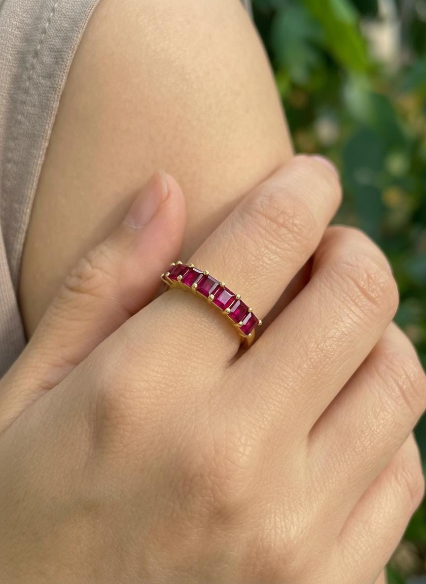 Princess Cut Ruby Wedding Band, 7 Stone Half Eternity Ring, July Birthstone Red Gemstone Stacking Anniversary Ring for Her