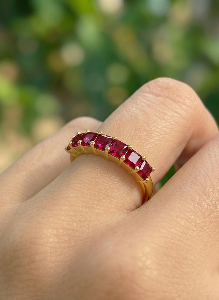 Princess Cut Ruby Wedding Band, 7 Stone Half Eternity Ring, July Birthstone Red Gemstone Stacking Anniversary Ring for Her