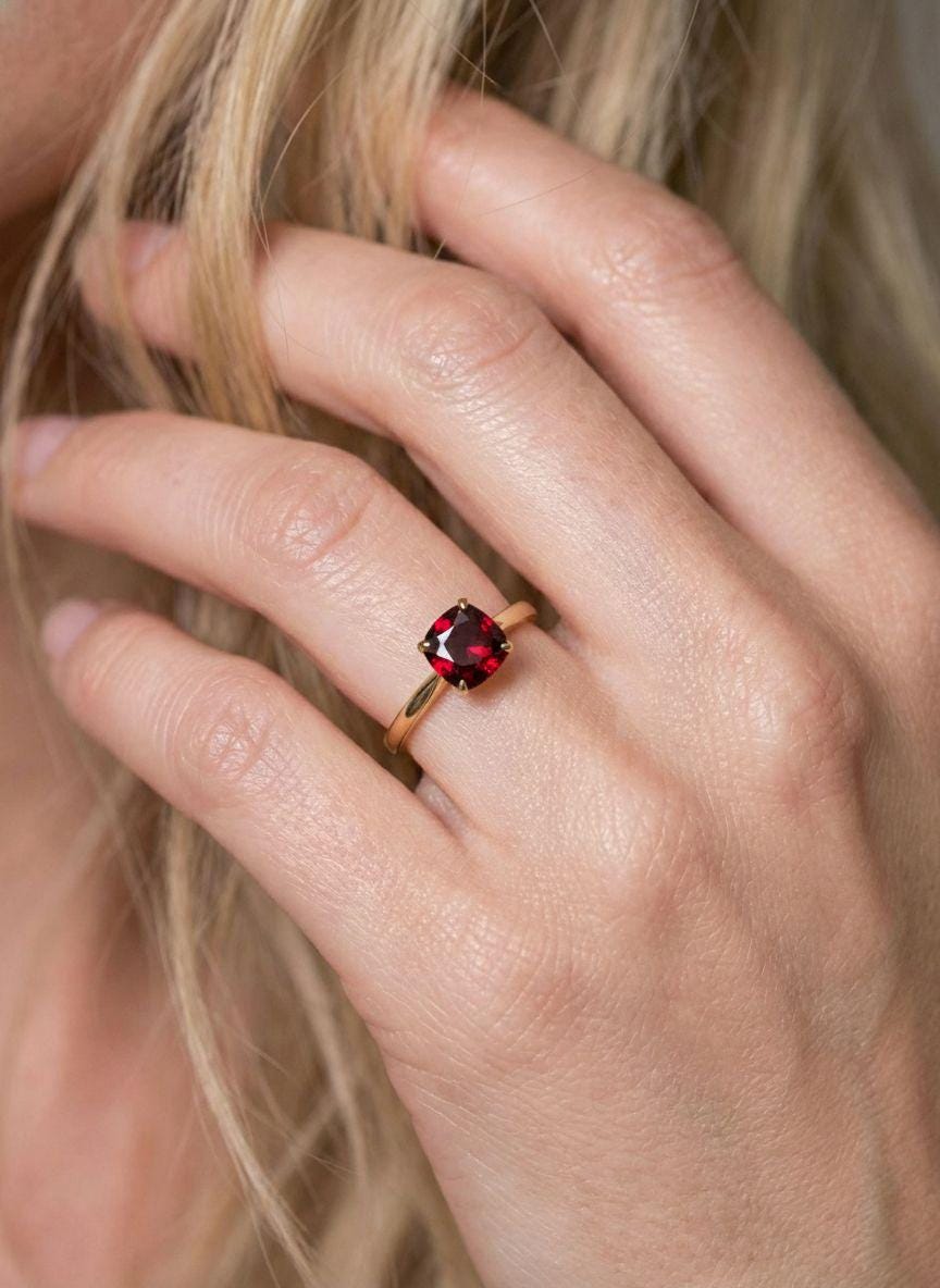 Garnet Solitaire Ring, 8mm Round Engagement Ring, January Birthstone Promise Ring