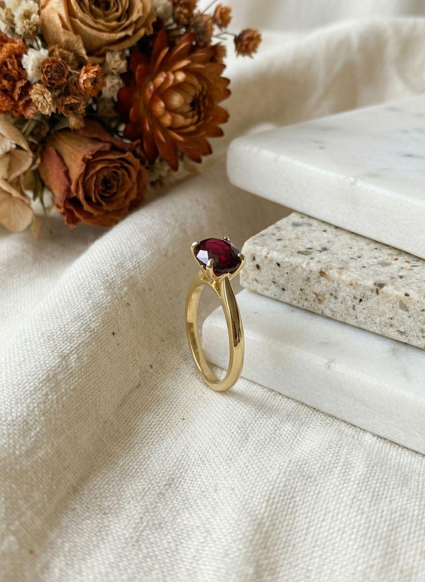 Garnet Solitaire Ring, 8mm Round Engagement Ring, January Birthstone Promise Ring