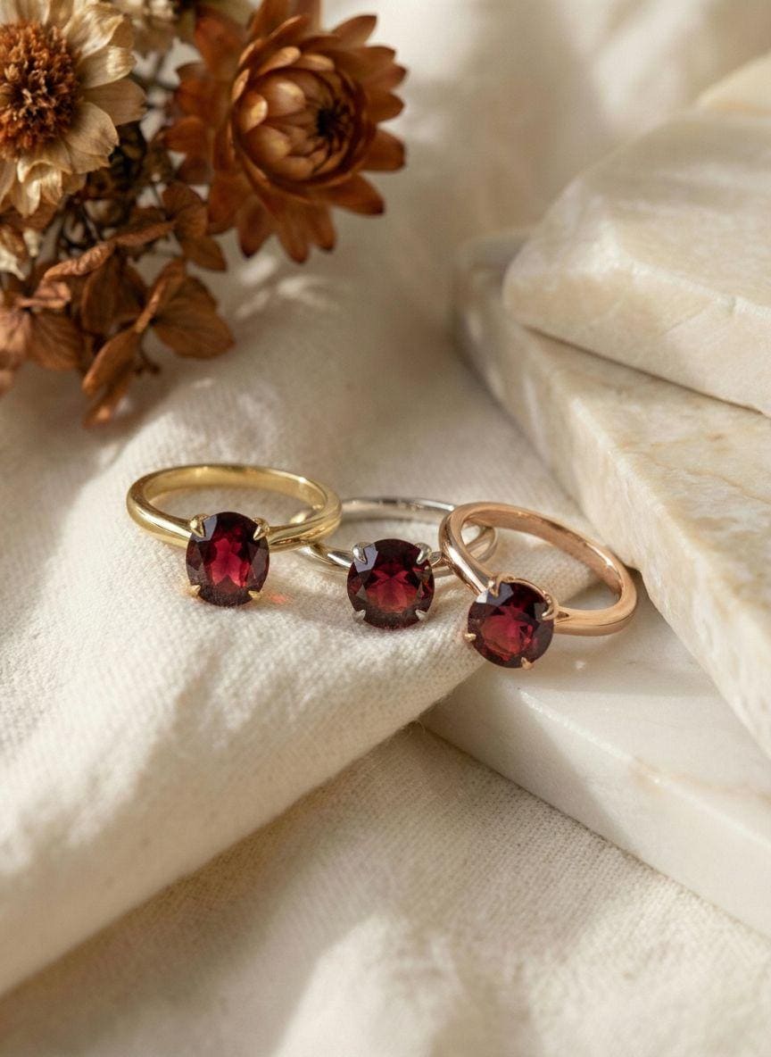 Garnet Solitaire Ring, 8mm Round Engagement Ring, January Birthstone Promise Ring