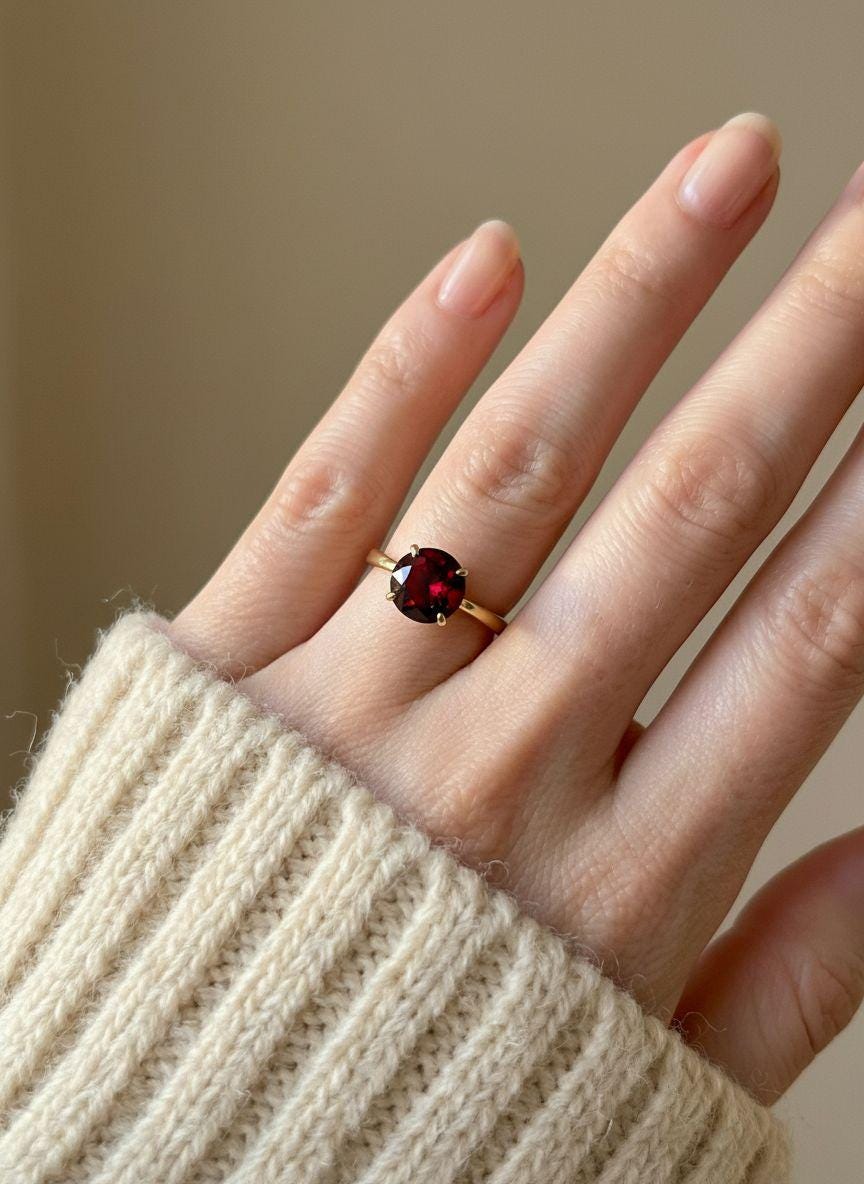Garnet Solitaire Ring, 8mm Round Engagement Ring, January Birthstone Promise Ring