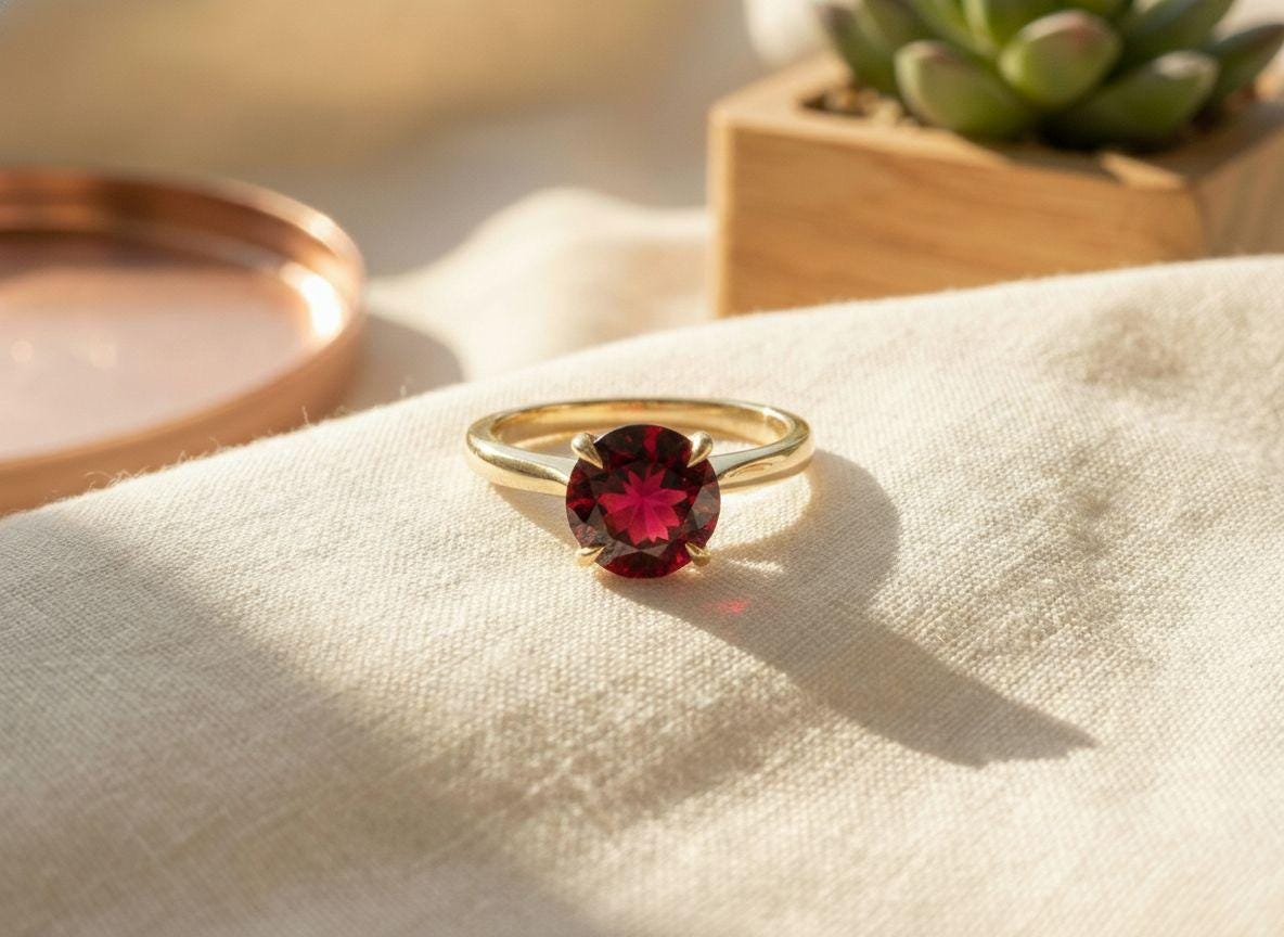 Garnet Solitaire Ring, 8mm Round Engagement Ring, January Birthstone Promise Ring