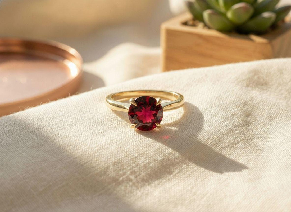 Garnet Solitaire Ring, 8mm Round Engagement Ring, January Birthstone Promise Ring