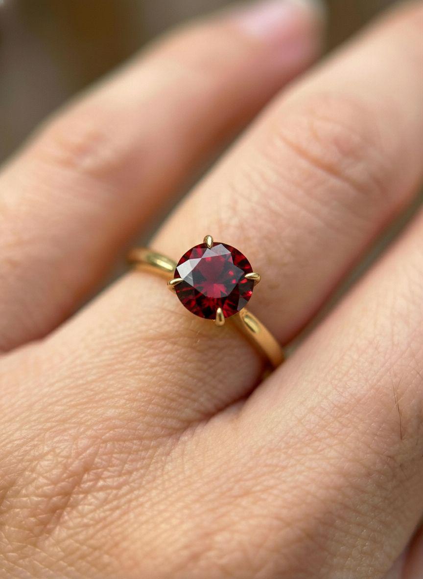 Garnet Solitaire Ring, 8mm Round Engagement Ring, January Birthstone Promise Ring