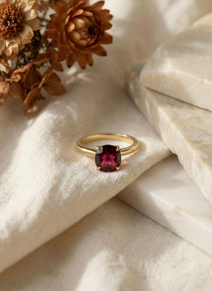 Garnet Solitaire Ring, 8mm Round Engagement Ring, January Birthstone Promise Ring