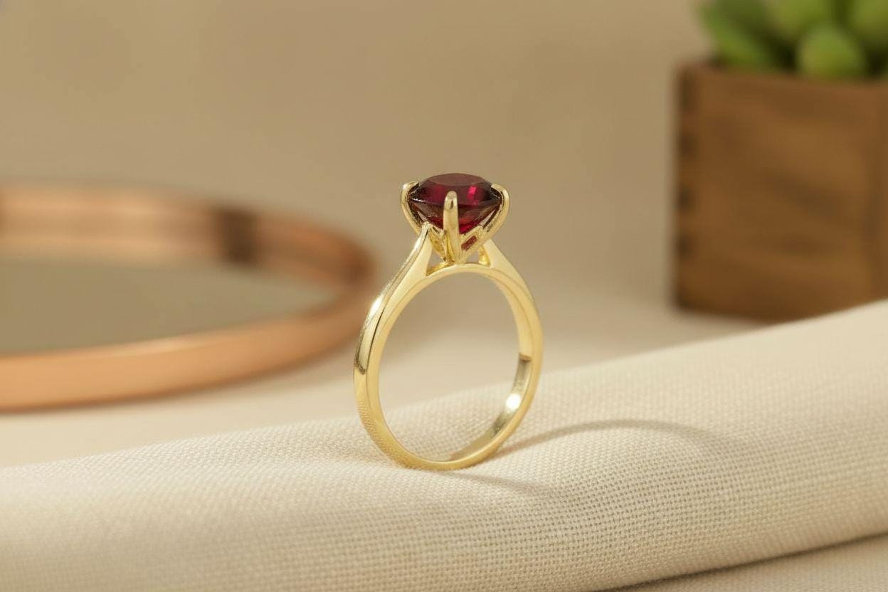 Garnet Solitaire Ring, 8mm Round Engagement Ring, January Birthstone Promise Ring