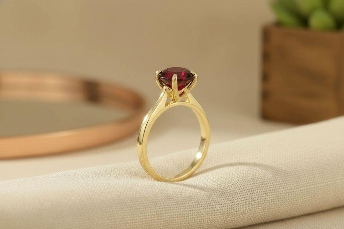 Garnet Solitaire Ring, 8mm Round Engagement Ring, January Birthstone Promise Ring