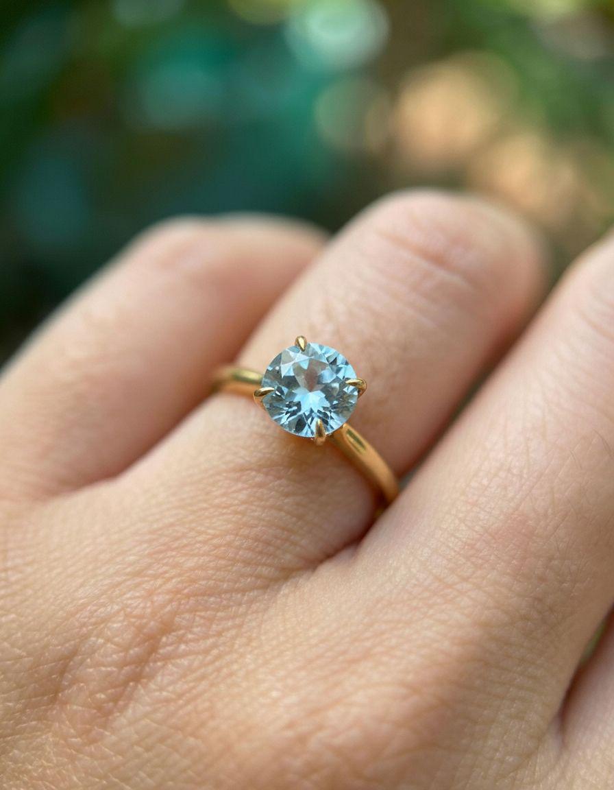 Aquamarine Solitaire Engagement Ring 8mm Round Cut Promise Ring Light Blue Gemstone Custom Ring March Birthstone