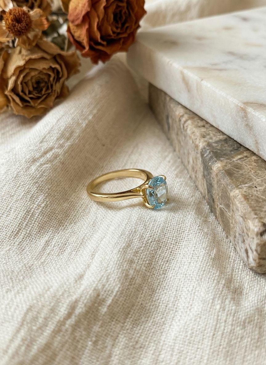 Aquamarine Solitaire Engagement Ring 8mm Round Cut Promise Ring Light Blue Gemstone Custom Ring March Birthstone