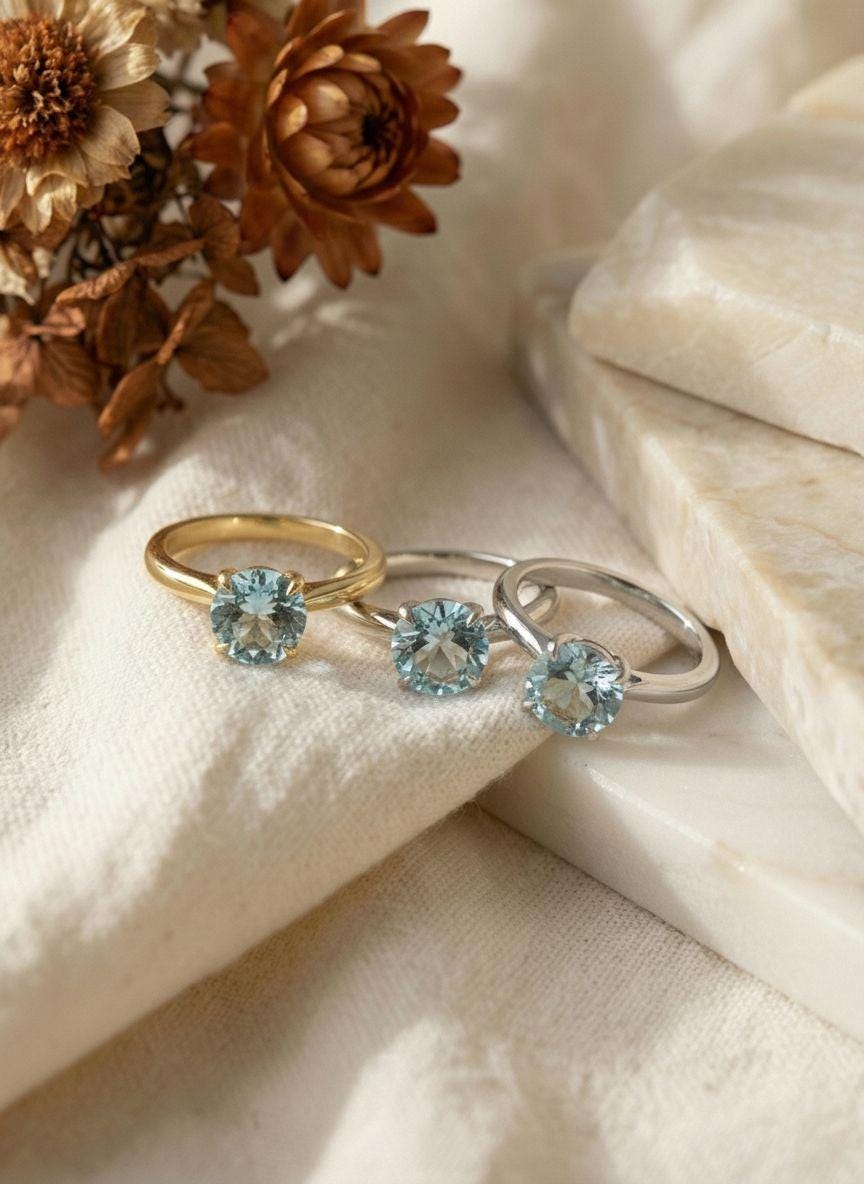 Aquamarine Solitaire Engagement Ring 8mm Round Cut Promise Ring Light Blue Gemstone Custom Ring March Birthstone