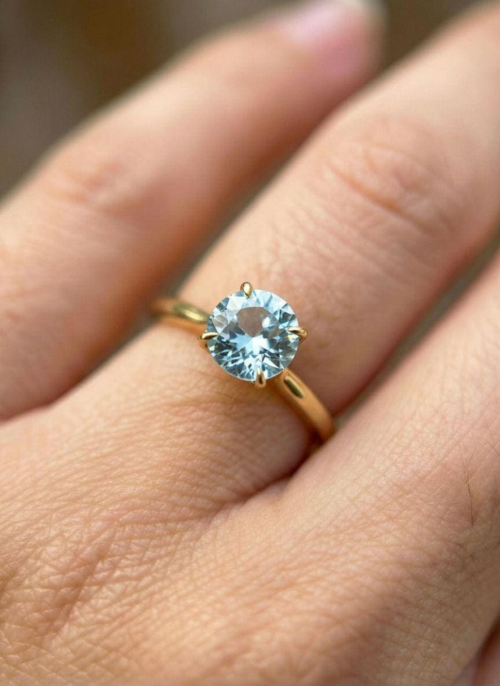 Aquamarine Solitaire Engagement Ring 8mm Round Cut Promise Ring Light Blue Gemstone Custom Ring March Birthstone