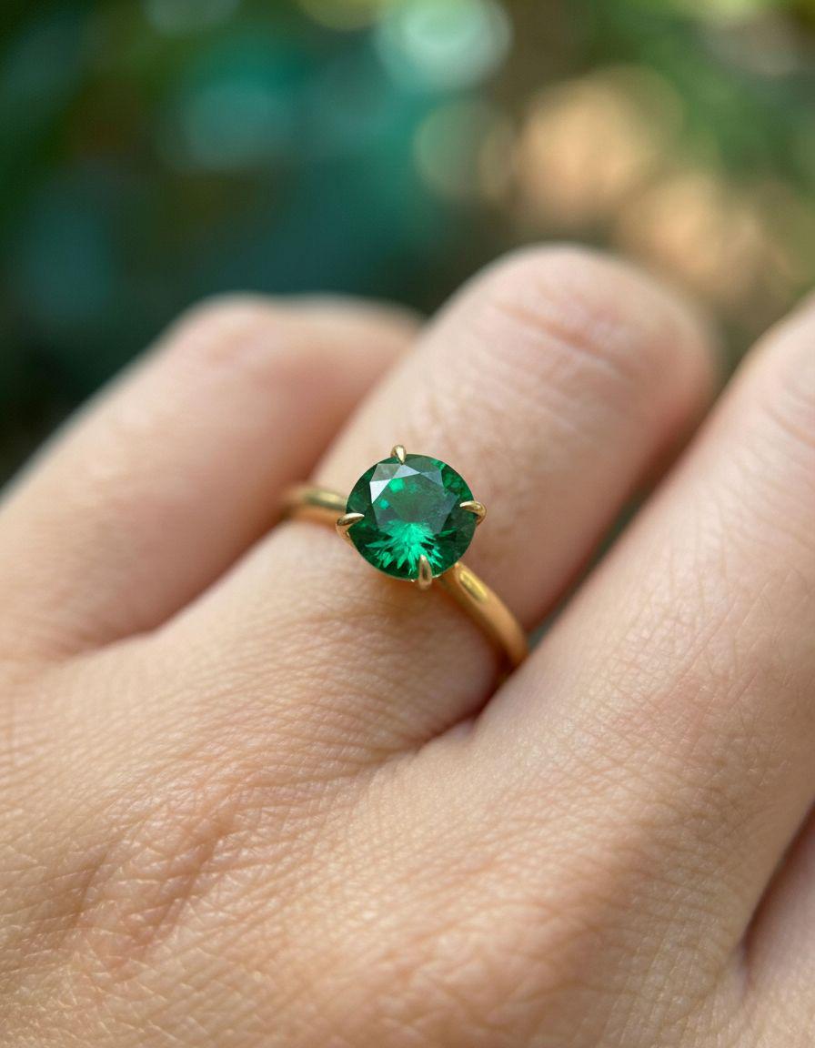 Round Emerald Solitaire Ring 8mm Green Gemstone Engagement Ring May Birthstone Gift Her