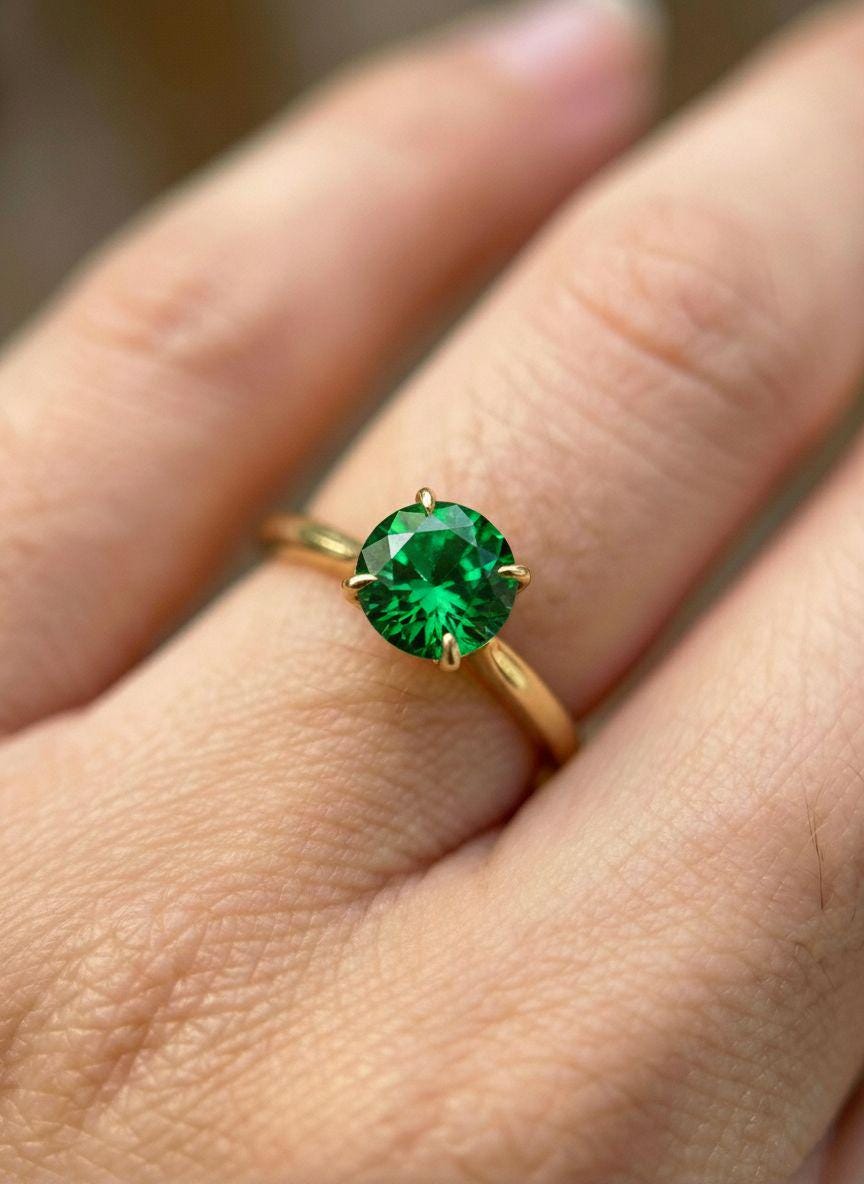 Round Emerald Solitaire Ring 8mm Green Gemstone Engagement Ring May Birthstone Gift Her