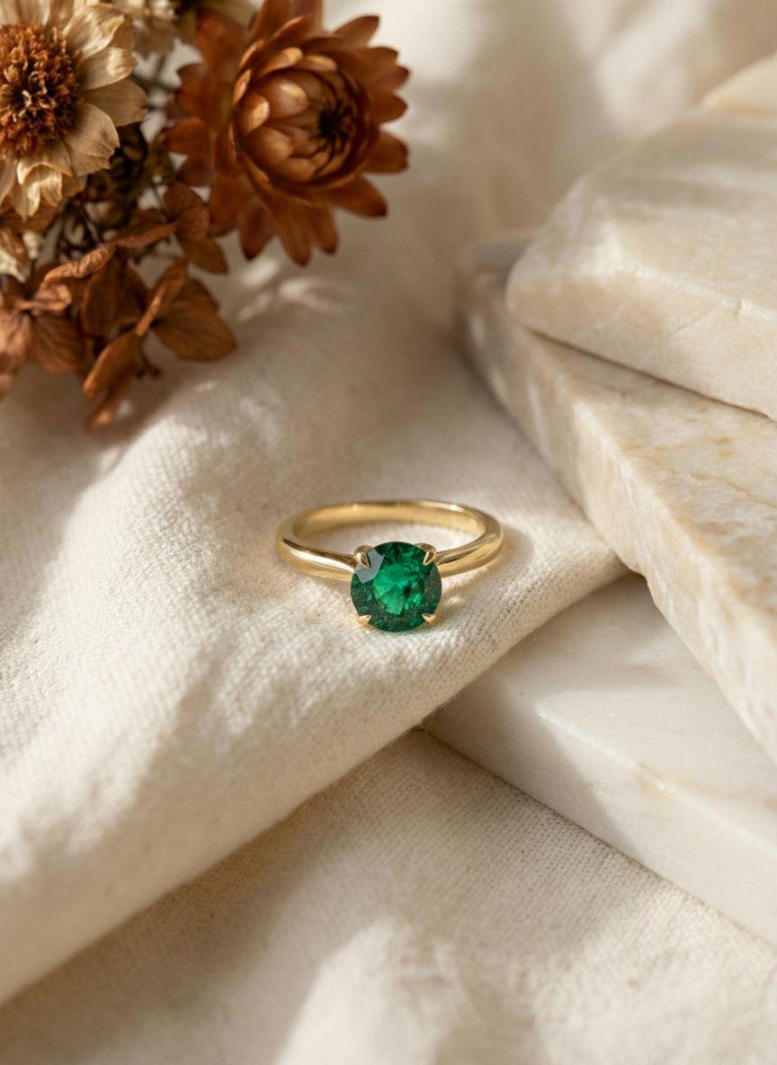 Round Emerald Solitaire Ring 8mm Green Gemstone Engagement Ring May Birthstone Gift Her