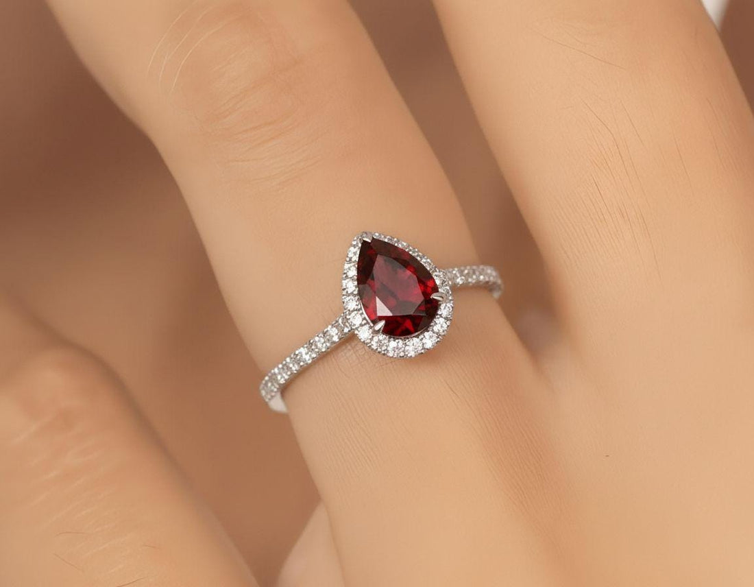 Birthstone Garnet Ring Pear Shaped Halo Engagement Ring Deep Red Gemstone