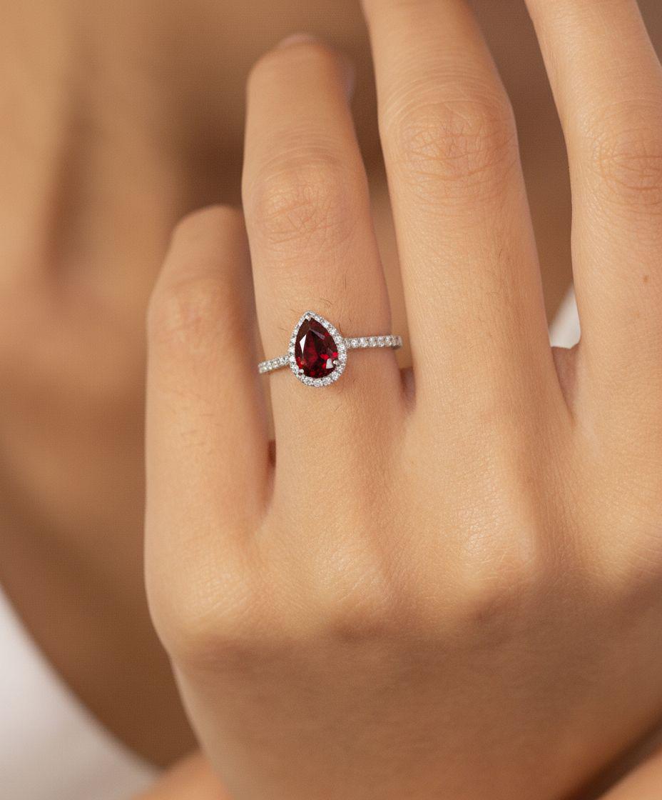 Birthstone Garnet Ring Pear Shaped Halo Engagement Ring Deep Red Gemstone