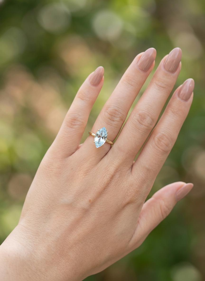 Marquise Aquamarine Engagement Ring Light Blue Solitaire Ring  Promise Ring Minimalist Anniversary Gift for Her, March Birthstone